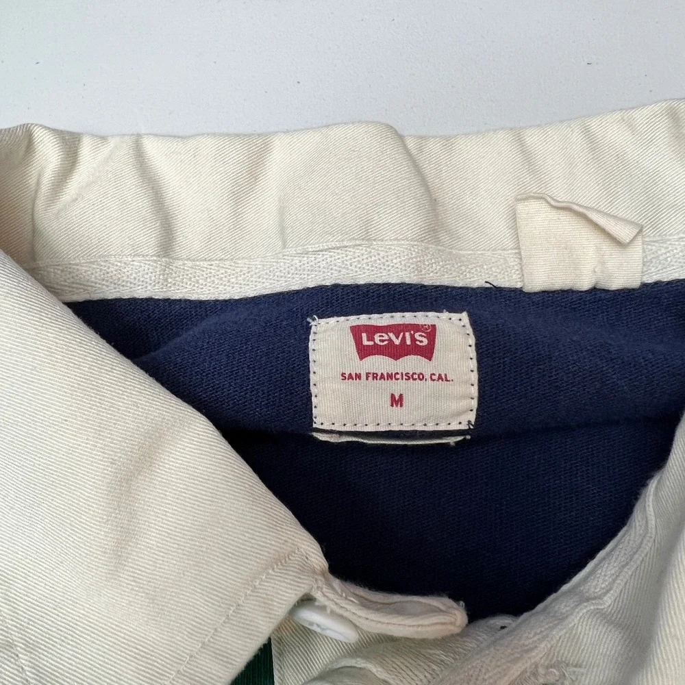 Levis Mens Relaxed Fit Rugby Shirt Green Navy Blue Long Sleeve‎ Polo M Preppy